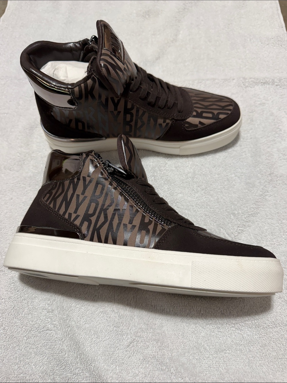 DKNY Brown Logo High-Top Sneakers with White Soles and Side Zip